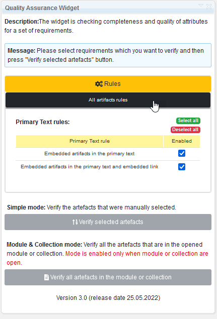 Quality Assurance widget